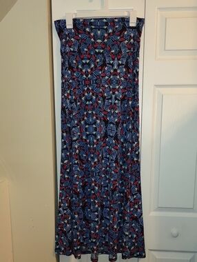 LuLaRoe Maxi Skirt in Navy, Light Blue, Red Geometric Print